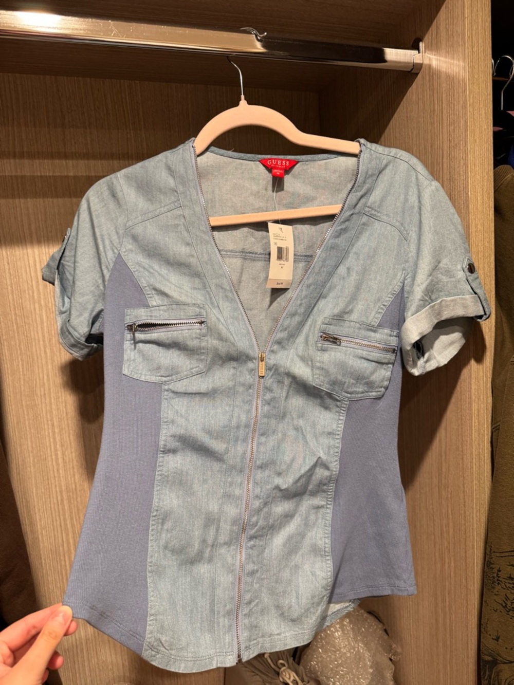 GUESS Light Blue Two-Tone Zip Front Women's Shirt